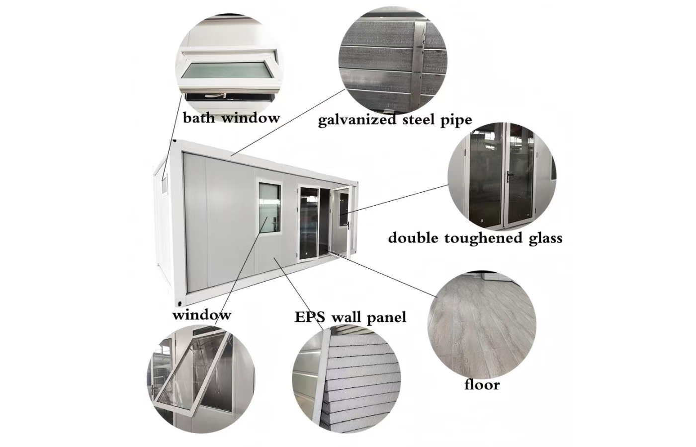 Dostosowany stały dom kontenerowy o długości 20 stóp z oknem sięgającym od podłogi do sufitu Dostosowany stały dom kontenerowy o długości 20 stóp z oknem sięgającym od podłogi do sufitu